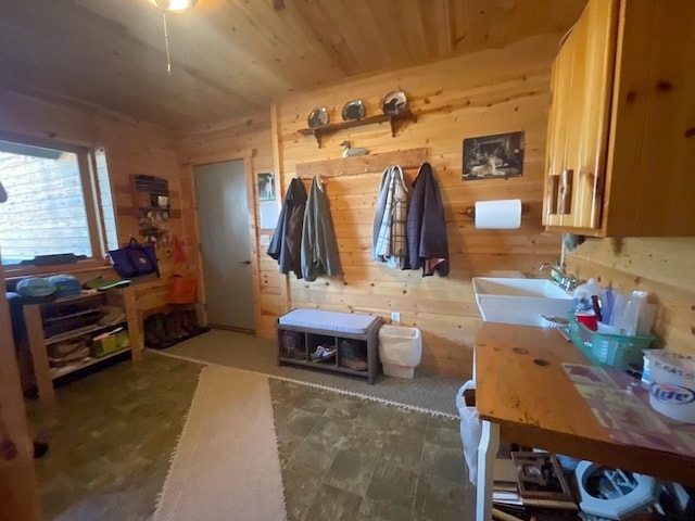 17999 Ivy Dr, Park Rapids, MN 56470 - mudroom featuring a sink, wooden walls, and wood ceiling