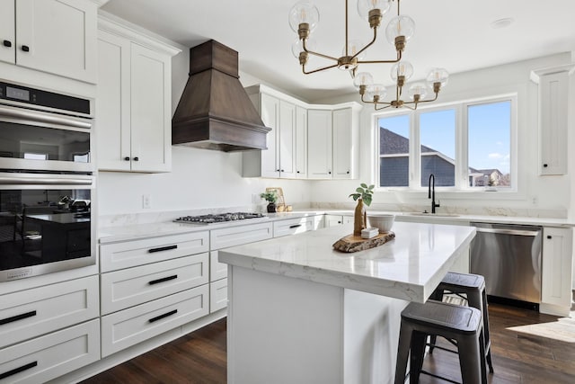 4240 Inland Ln N, Plymouth, MN 55446 - kitchen featuring dark wood finished floors, a sink, premium range hood, appliances with stainless steel finishes, and a notable chandelier