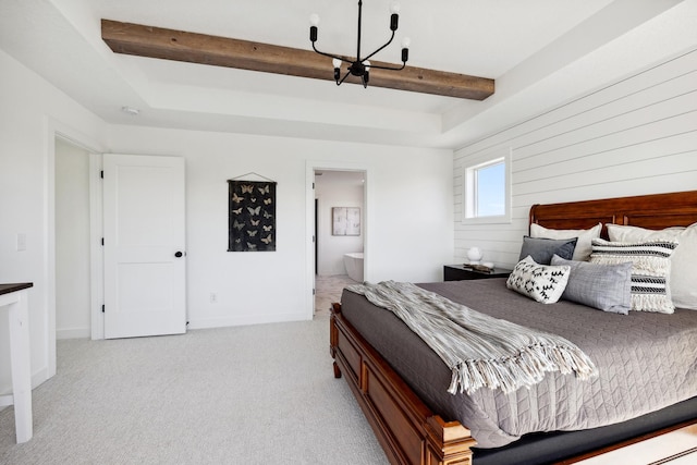 4240 Inland Ln N, Plymouth, MN 55446 - carpeted bedroom with beamed ceiling, ensuite bathroom, a notable chandelier, and a raised ceiling