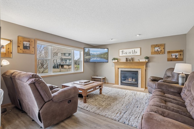 104 Birch Ave NW, Saint Michael, MN 55376 - living room featuring wood finished floors, a textured ceiling, a fireplace with flush hearth, and baseboards