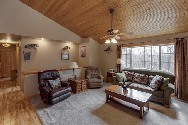7621 Winter Trl, Breezy Point, MN 56472 - living area featuring wooden ceiling, ceiling fan, wood finished floors, and high vaulted ceiling