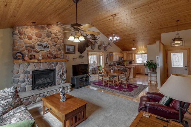 7621 Winter Trl, Breezy Point, MN 56472 - living room featuring wooden ceiling, a ceiling fan, light wood-style flooring, lofted ceiling, and a fireplace