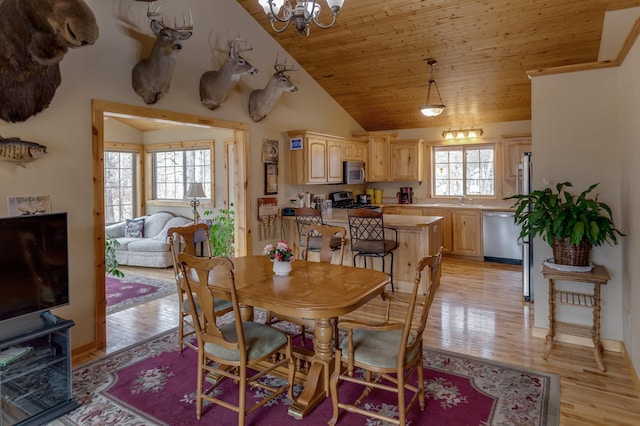 7621 Winter Trl, Breezy Point, MN 56472 - dining area with lofted ceiling, light wood-style flooring, a chandelier, and wood ceiling