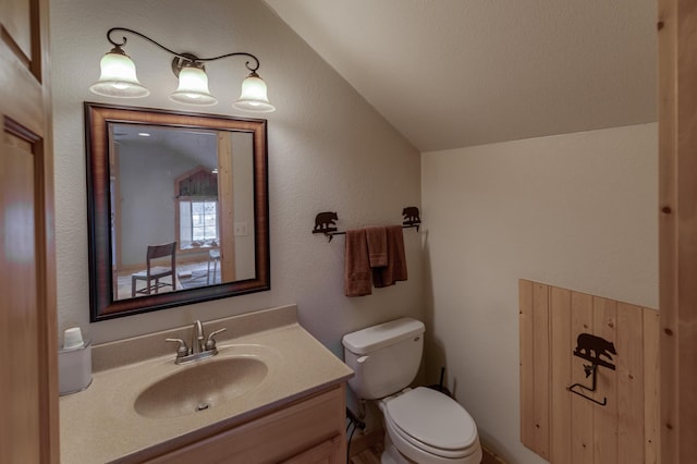7621 Winter Trl, Breezy Point, MN 56472 - half bathroom with lofted ceiling, toilet, and vanity