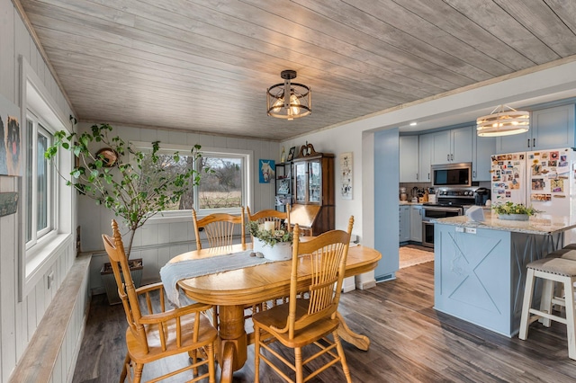 dining area featuring wooden ceiling, a chandelier, and wood finished floors
