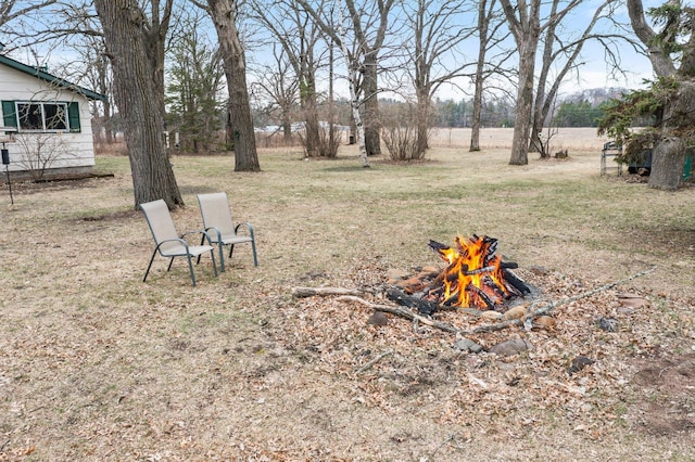 view of yard with a fire pit