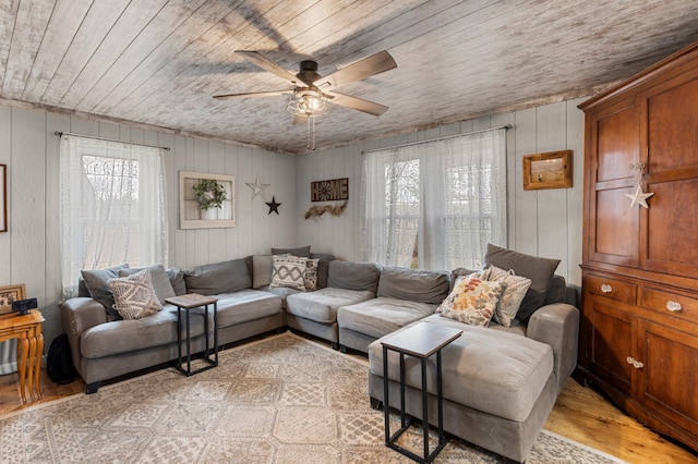 2908 River Rd, Saint Croix Falls, WI 54024 - living area featuring wooden ceiling, ceiling fan, plenty of natural light, light wood finished floors, and wooden walls