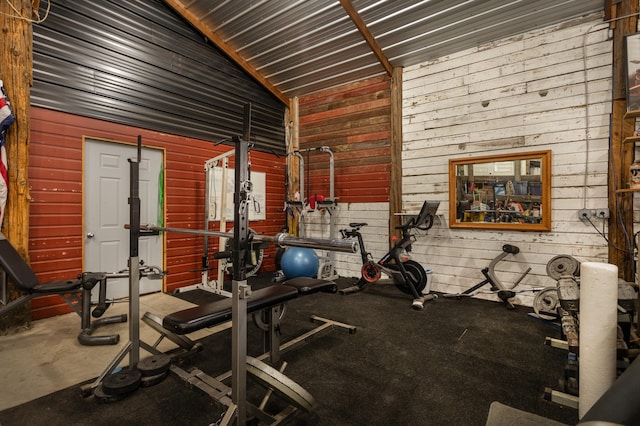 workout area with lofted ceiling