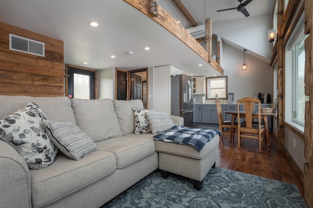 living area with recessed lighting, ceiling fan, dark wood finished floors, and visible vents