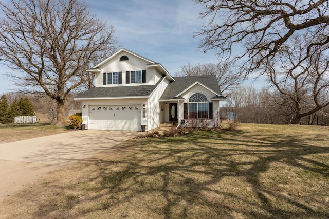 traditional home featuring an attached garage, a front lawn, roof with shingles, and driveway