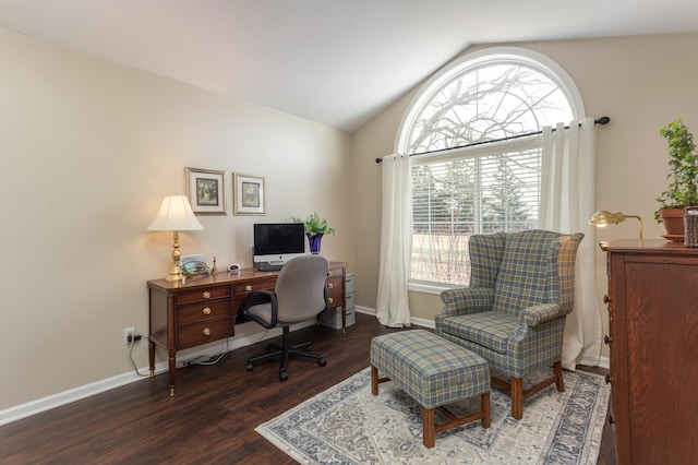 office area featuring baseboards, vaulted ceiling, wood finished floors, and a wealth of natural light