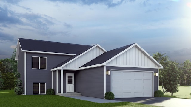 1025 3rd Ave NE, Milaca, MN 56353 - modern farmhouse style home featuring board and batten siding, driveway, a front yard, and a garage