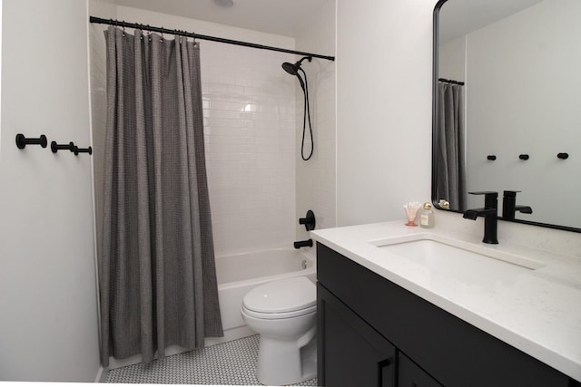full bathroom featuring toilet, shower / bath combination with curtain, and vanity