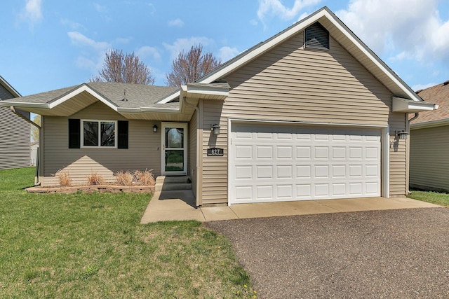 single story home with a garage, aphalt driveway, roof with shingles, and a front yard
