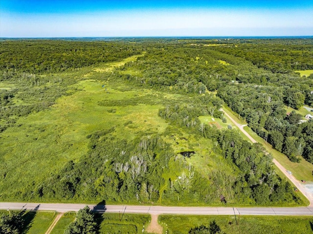 aerial view featuring a wooded view