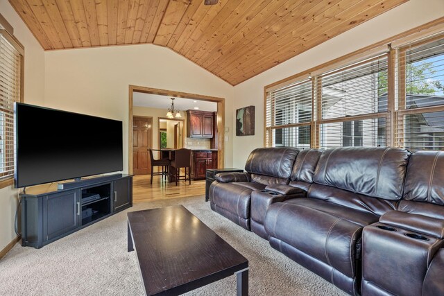 4545 Terraceview Ln N, Plymouth, MN 55446 - living area with wood ceiling, vaulted ceiling, and light colored carpet