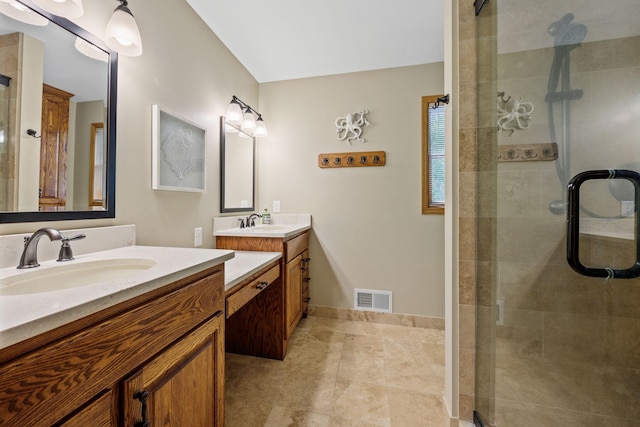 4545 Terraceview Ln N, Plymouth, MN 55446 - bathroom featuring a shower stall, two vanities, and tile patterned floors