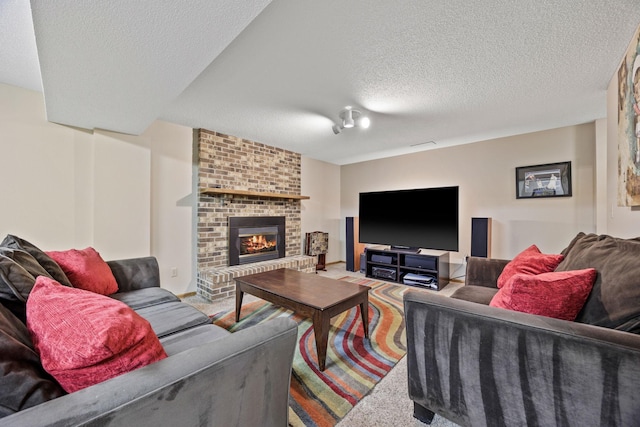 4545 Terraceview Ln N, Plymouth, MN 55446 - living room with a textured ceiling, a fireplace, and carpet flooring