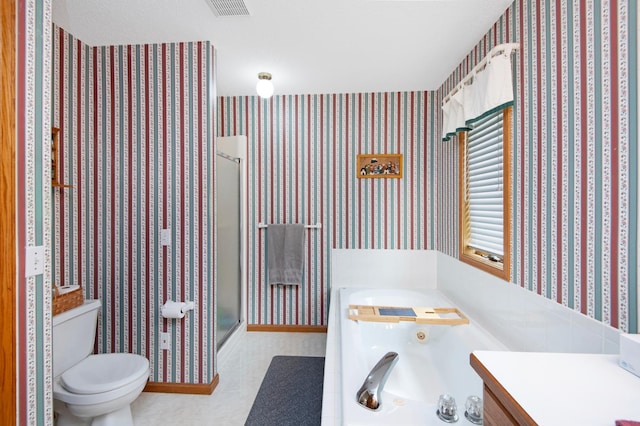 2806 Jasmine Ct, Saint Cloud, MN 56301 - bathroom featuring a stall shower, toilet, wallpapered walls, a garden tub, and vanity