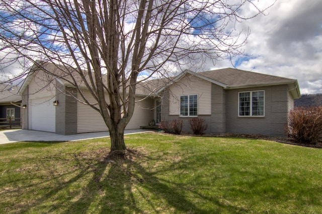 ranch-style house with an attached garage, brick siding, a front yard, and concrete driveway