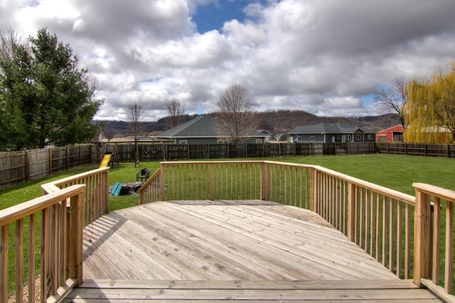 deck with a lawn, a fenced backyard, and a residential view
