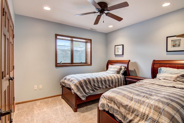 bedroom with visible vents, baseboards, recessed lighting, light colored carpet, and a ceiling fan