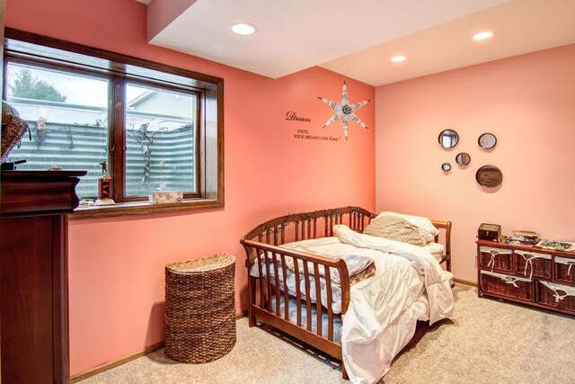 bedroom featuring baseboards, carpet flooring, and recessed lighting