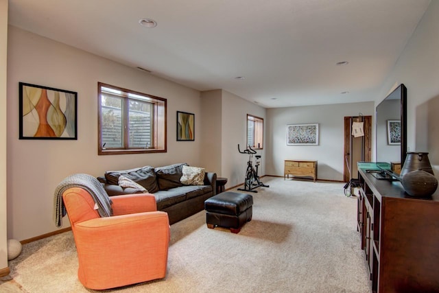 living area featuring baseboards and light carpet
