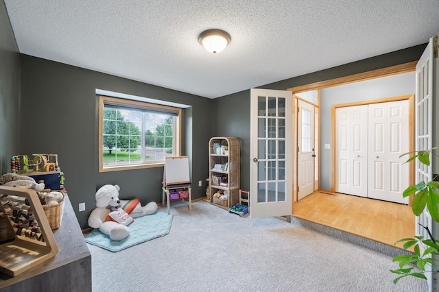4032 Hollyhock Cir N, Brooklyn Park, MN 55443 - game room featuring carpet, french doors, and a textured ceiling
