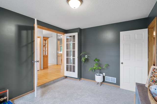 4032 Hollyhock Cir N, Brooklyn Park, MN 55443 - sitting room featuring carpet floors, french doors, and a textured ceiling
