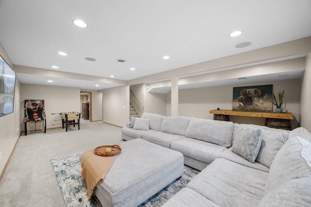 4032 Hollyhock Cir N, Brooklyn Park, MN 55443 - living area with light carpet, recessed lighting, and stairway