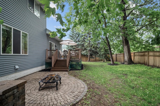 4032 Hollyhock Cir N, Brooklyn Park, MN 55443 - fenced backyard with a fire pit, a wooden deck, a patio, and stairway