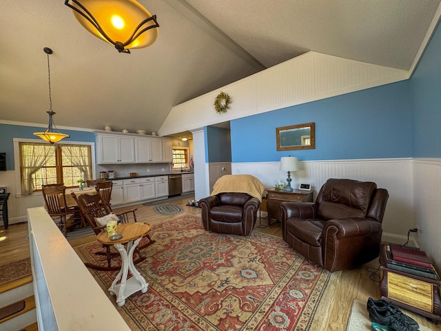17783 Lookout Tower Rd NE, Hines, MN 56647 - living area featuring wainscoting, light wood-style flooring, vaulted ceiling, and a textured ceiling