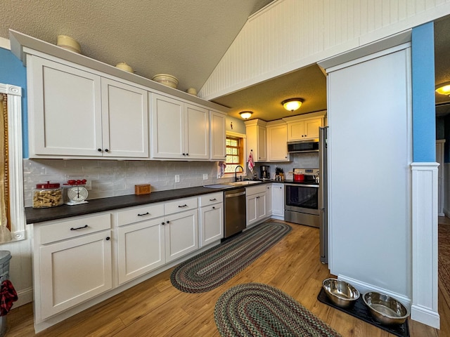 17783 Lookout Tower Rd NE, Hines, MN 56647 - kitchen with stainless steel appliances, range hood, a sink, lofted ceiling, and backsplash