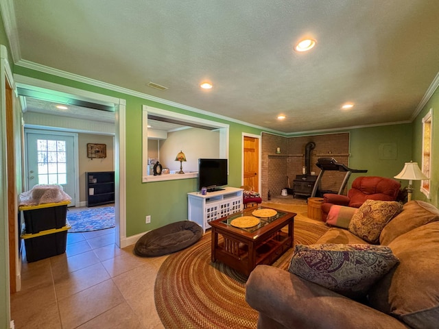 17783 Lookout Tower Rd NE, Hines, MN 56647 - living room with a wood stove, ornamental molding, recessed lighting, light tile patterned floors, and baseboards