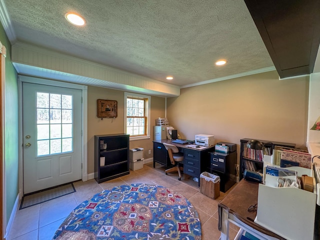 17783 Lookout Tower Rd NE, Hines, MN 56647 - office space featuring light tile patterned flooring, crown molding, recessed lighting, a textured ceiling, and baseboards