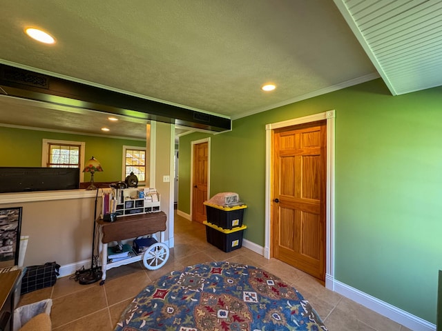 17783 Lookout Tower Rd NE, Hines, MN 56647 - tiled bedroom featuring ornamental molding, recessed lighting, baseboards, and a textured ceiling