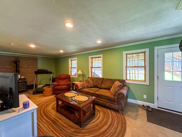 17783 Lookout Tower Rd NE, Hines, MN 56647 - living room with recessed lighting, a wood stove, ornamental molding, a textured ceiling, and tile patterned flooring