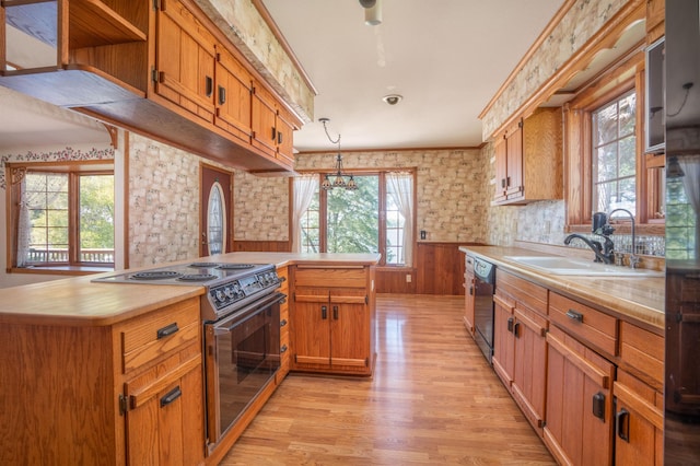 1122 Andrew Dr NE, Lake Andrew Twp, MN 56273 - kitchen featuring electric stove, healthy amount of natural light, dishwashing machine, light wood-style flooring, and a wainscoted wall