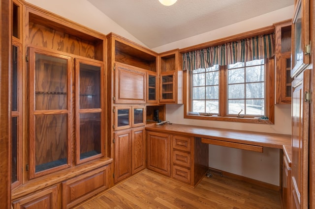 1122 Andrew Dr NE, Lake Andrew Twp, MN 56273 - unfurnished office featuring lofted ceiling, light wood-type flooring, built in study area, and a textured ceiling