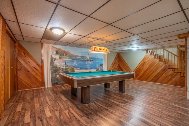 1122 Andrew Dr NE, Lake Andrew Twp, MN 56273 - game room with wood finished floors, wooden walls, a paneled ceiling, and billiards table