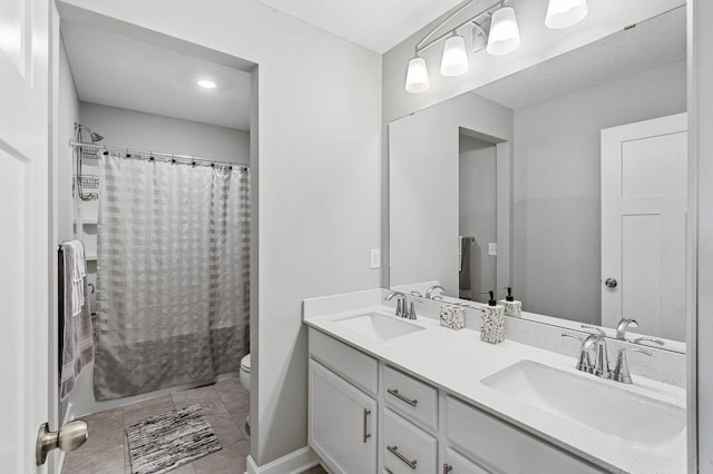 6674 Annabelle Ct, Corcoran, MN 55340 - bathroom featuring toilet, a shower with shower curtain, double vanity, and tile patterned floors