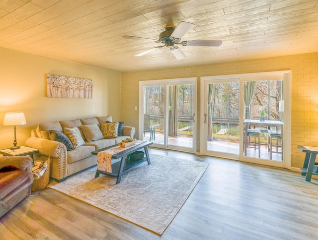 living area with wooden ceiling, wood finished floors, a ceiling fan, and a healthy amount of sunlight