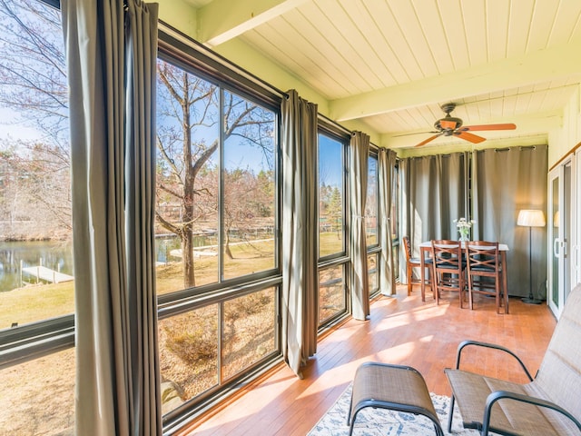 sunroom featuring beamed ceiling, a water view, and ceiling fan