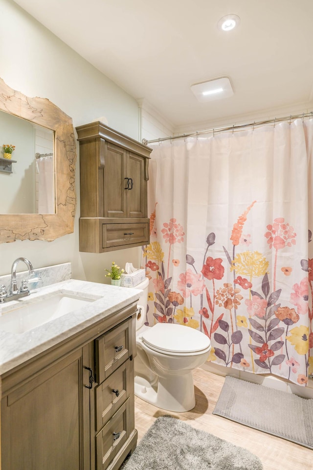 full bath with vanity, a shower with shower curtain, and toilet