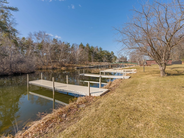 dock area featuring a lawn and a water view
