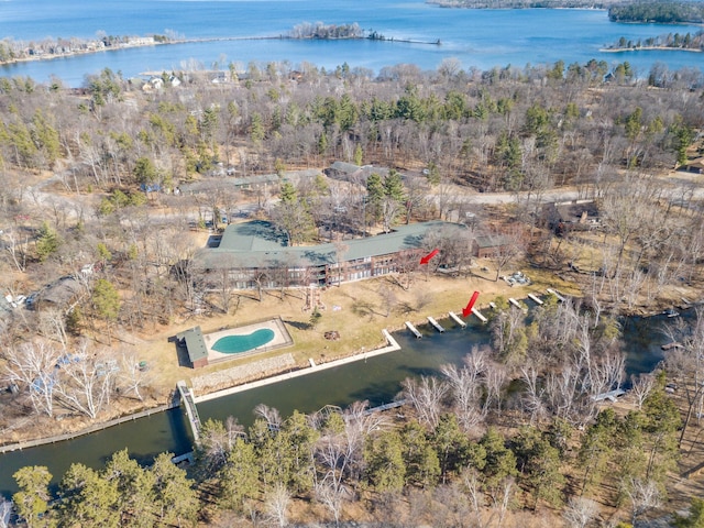 aerial view featuring a water view
