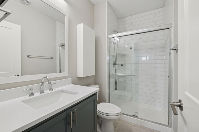 full bath featuring a stall shower, toilet, vanity, and tile patterned flooring