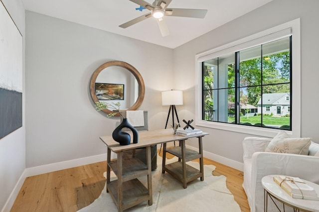 office featuring baseboards, light wood finished floors, and a ceiling fan