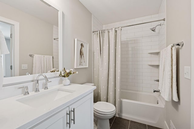 bathroom with tile patterned flooring, toilet, shower / bath combo with shower curtain, and vanity